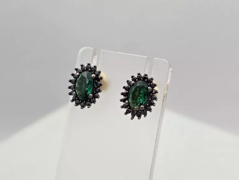 ZŁOTE KOLCZYKI MARKIZA Z ZIELONYM I CZARNYMI CYRKONIAMI - 585 14K 1,90G