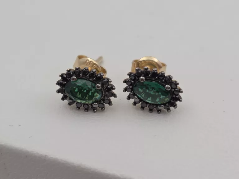 ZŁOTE KOLCZYKI MARKIZA Z ZIELONYM I CZARNYMI CYRKONIAMI - 585 14K 1,90G