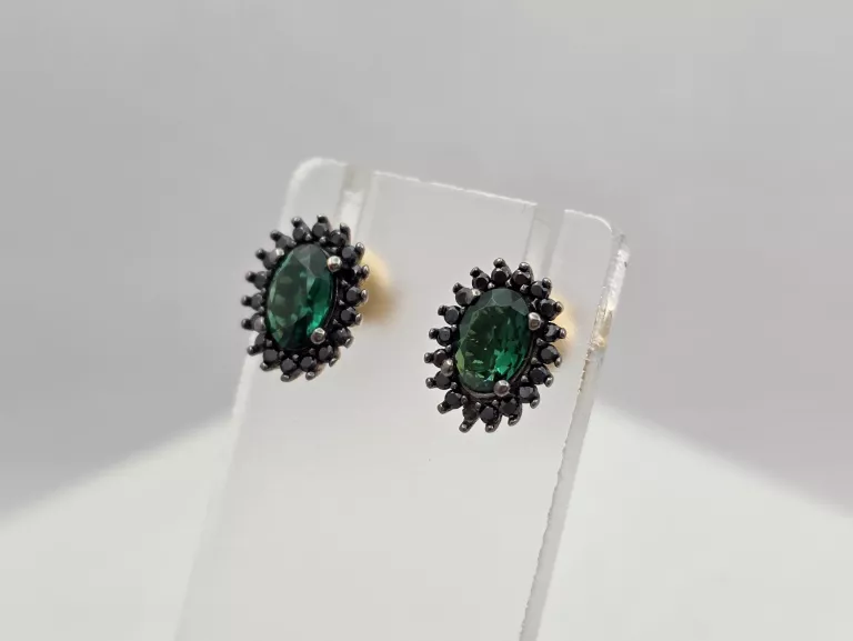 ZŁOTE KOLCZYKI MARKIZA Z ZIELONYM I CZARNYMI CYRKONIAMI - 585 14K 1,90G