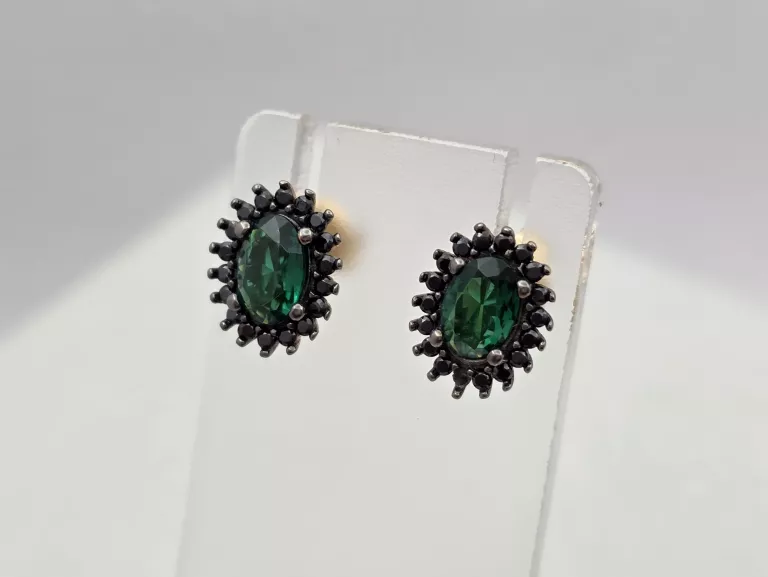 ZŁOTE KOLCZYKI MARKIZA Z ZIELONYM I CZARNYMI CYRKONIAMI - 585 14K 1,90G