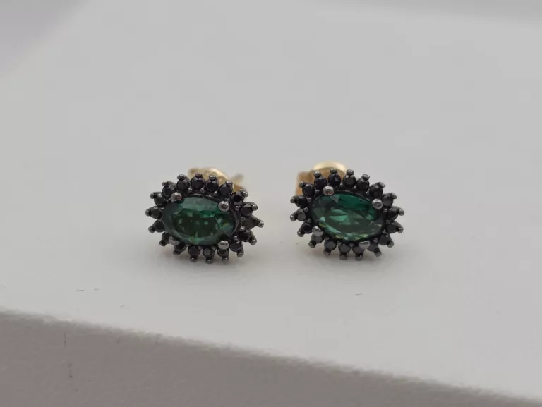 ZŁOTE KOLCZYKI MARKIZA Z ZIELONYM I CZARNYMI CYRKONIAMI - 585 14K 1,90G