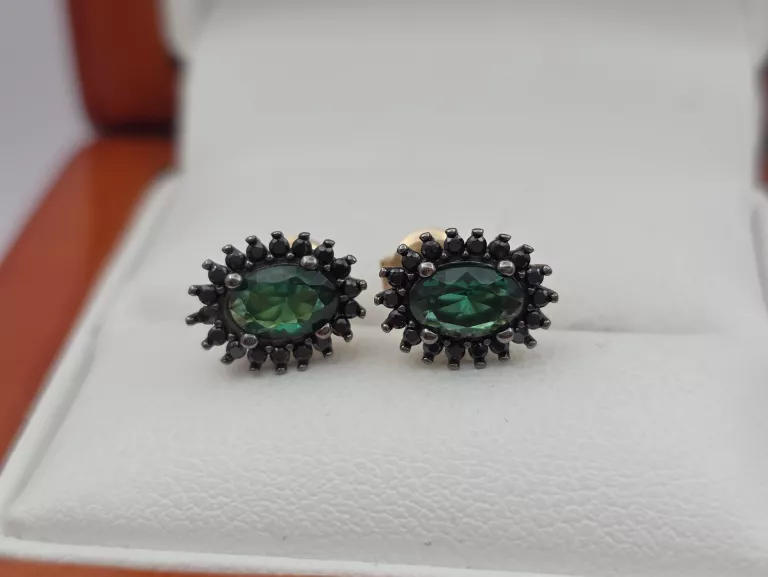 ZŁOTE KOLCZYKI MARKIZA Z ZIELONYM I CZARNYMI CYRKONIAMI - 585 14K 1,90G