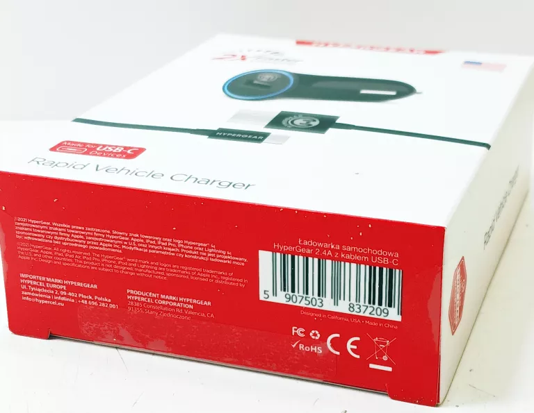 HYPERGEAR SZYBKA ŁADOWARKA SAMOCHODOWA 2.4A Z KABLEM MICRO USB-C 1.2M CZAR