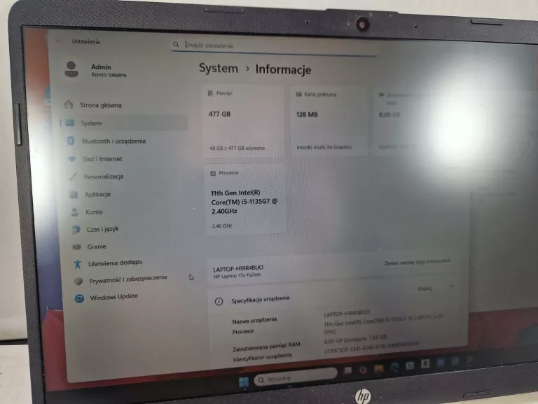 LAPTOP HP 15S-FQ2003NW I5-1135G7/8GB/512GBSSD ZASILACZ