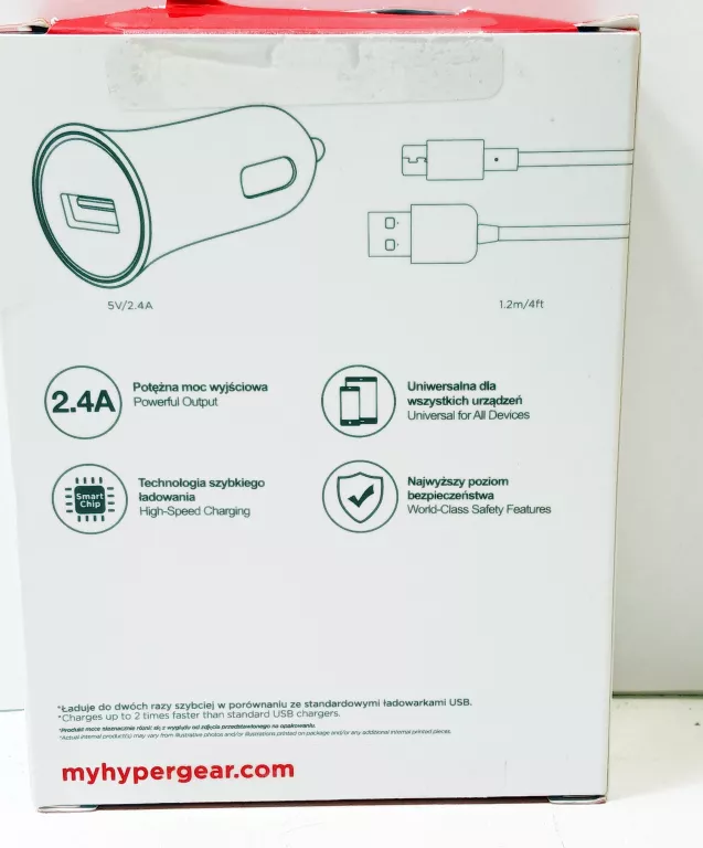 HYPERGEAR SZYBKA ŁADOWARKA SAMOCHODOWA 2.4A Z KABLEM MICRO USB-C 1.2M CZAR
