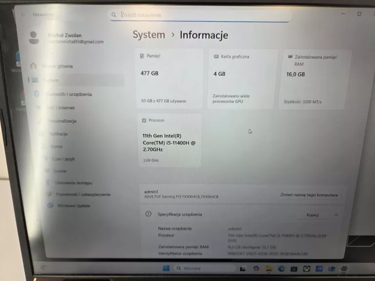 LAPTOP F15 ASUS TUF GAMING 16GB 500GB INTEL CORE I5 WIN 11