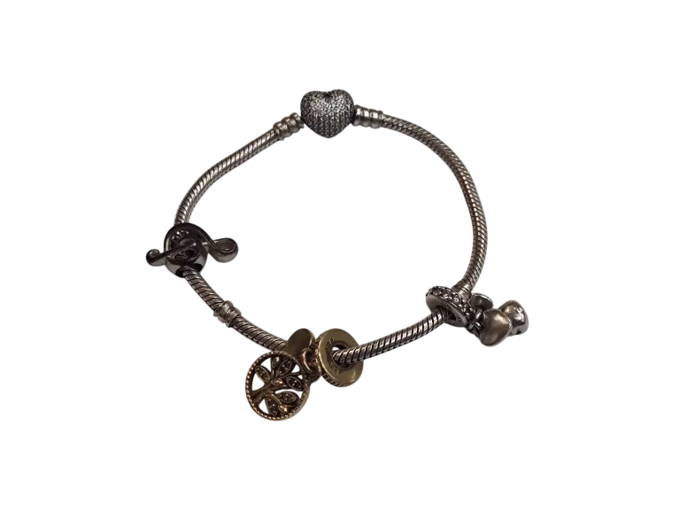 SREBRNA BRANSOLETKA PANDORA 18CM + 3 CHARMSY (1CHARMS PANDORA) PR925