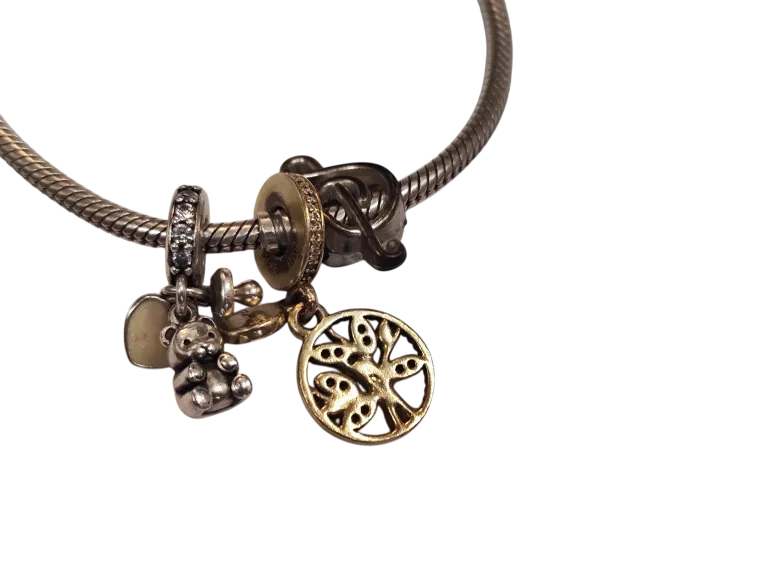 SREBRNA BRANSOLETKA PANDORA 18CM + 3 CHARMSY (1CHARMS PANDORA) PR925