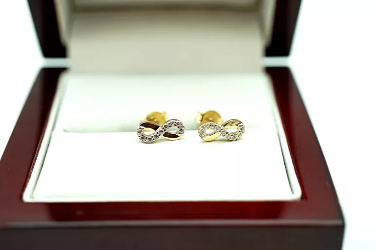 ZŁOTE KOLCZYKI - ZNAK NIESKOŃCZONOŚCI - CYRKONIE - PR: 375 9MM 9K