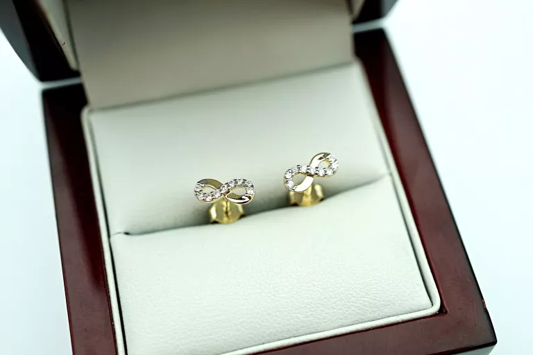 ZŁOTE KOLCZYKI - ZNAK NIESKOŃCZONOŚCI - CYRKONIE - PR: 375 9MM 9K