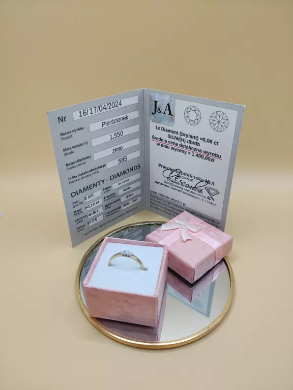 ZŁOTY PIERŚCIONEK Z BRYLANTEM - CERTYFIKAT 585 1.55G R16