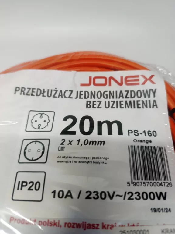 PRZEDŁUŻACZ JEDNOGNIAZDOWY BEZ UZIEMIENIA JONEX PS-160 (20 M) B/N
