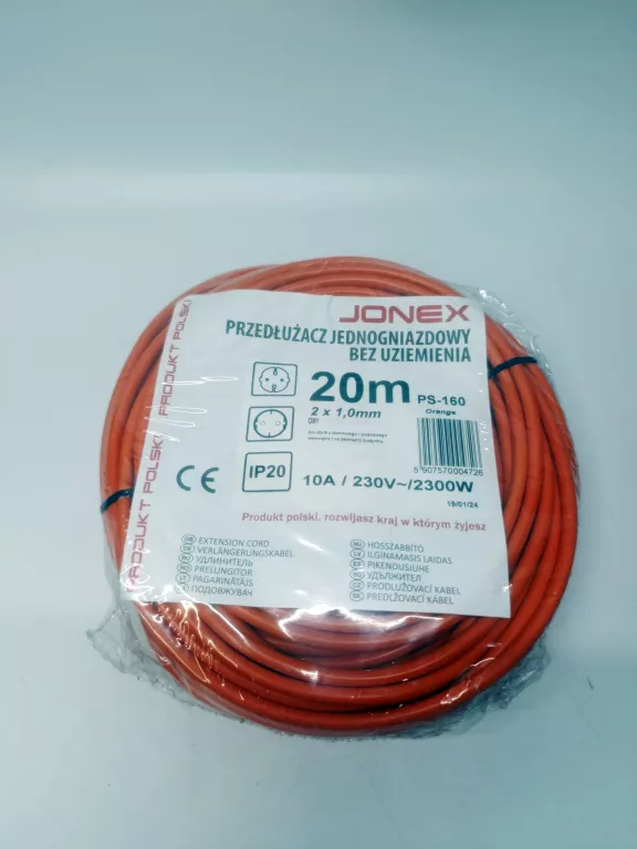 PRZEDŁUŻACZ JEDNOGNIAZDOWY BEZ UZIEMIENIA JONEX PS-160 (20 M) B/N