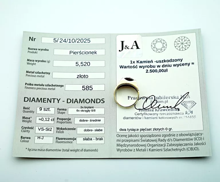 ZŁOTY PIERŚCIONEK Z BRYLANTAMI PR: 585 5.50G 0.12CT R: 11 14K CERTYFIKAT