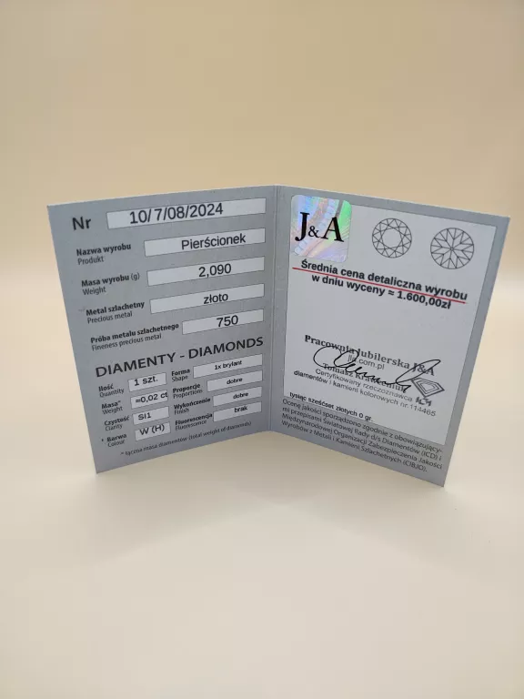 ZŁOTY PIERŚCIONEK Z BRYLANTEM - CERTYFIKAT 750 2,09G R13