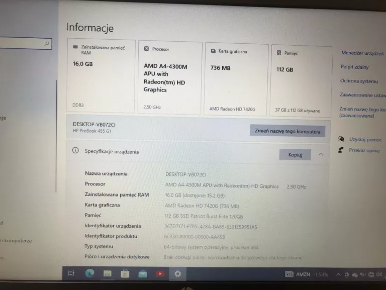 LAPTOP HP PROBOOK 455 AMD A4-4300/16GB/120GB