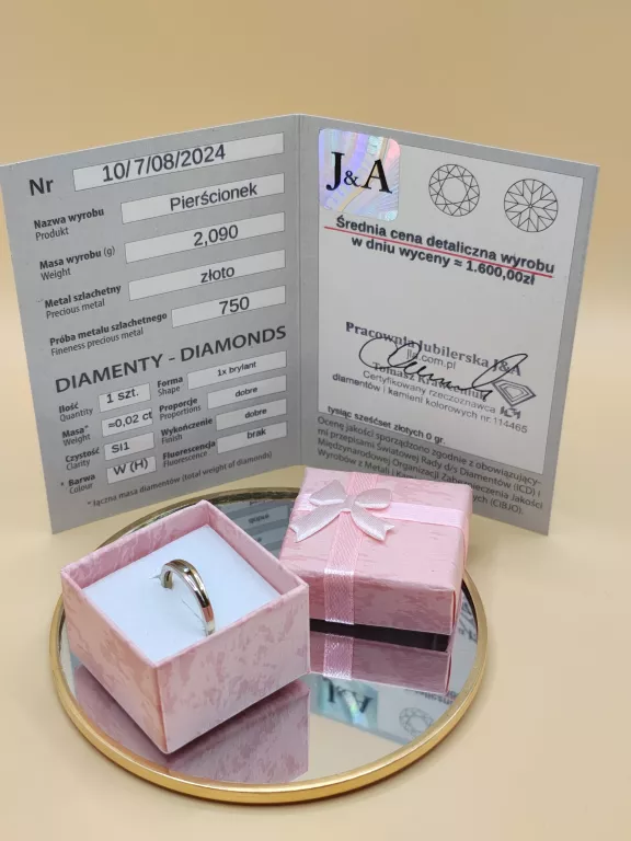 ZŁOTY PIERŚCIONEK Z BRYLANTEM - CERTYFIKAT 750 2,09G R13