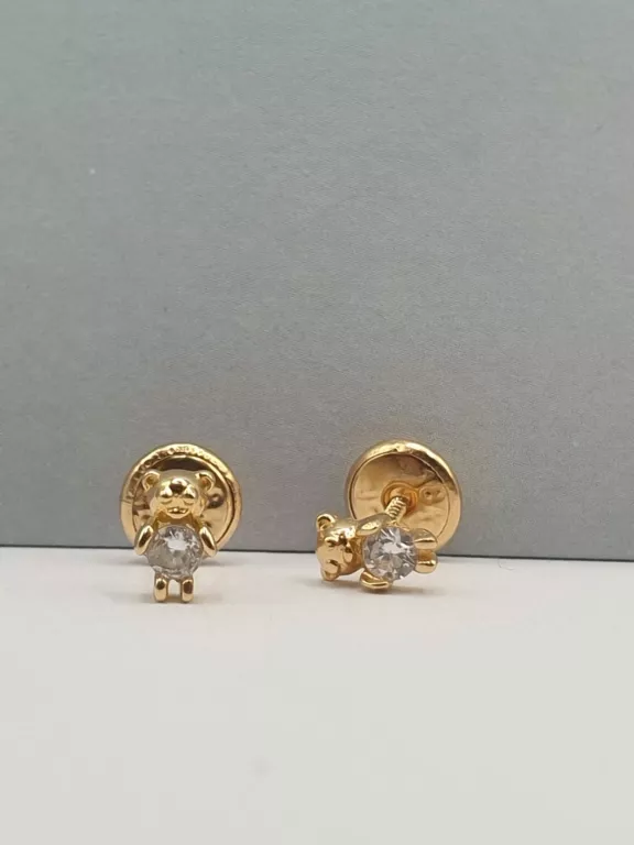 UROCZE ZŁOTE KOLCZYKI MISIE Z CYRKONIAMI - PRÓBA 750 (UŻYWANE)