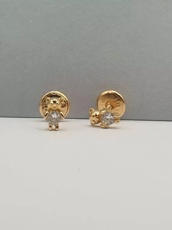 UROCZE ZŁOTE KOLCZYKI MISIE Z CYRKONIAMI - PRÓBA 750 (UŻYWANE)