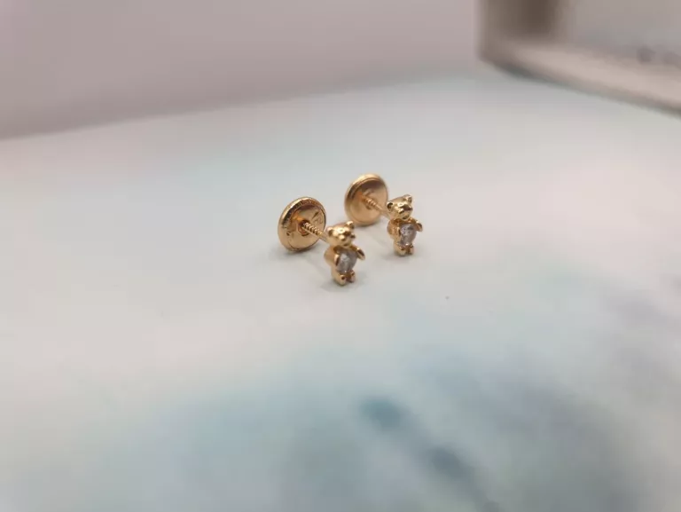 UROCZE ZŁOTE KOLCZYKI MISIE Z CYRKONIAMI - PRÓBA 750 (UŻYWANE)