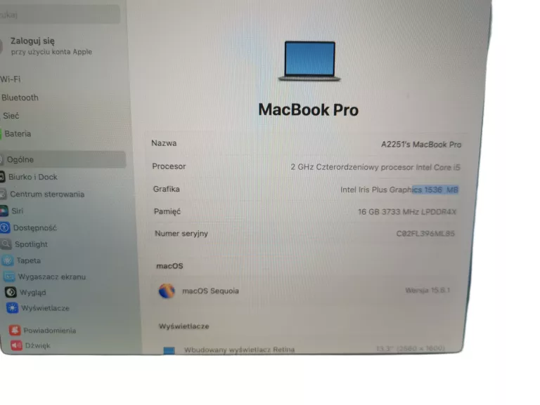 LAPTOP APPLE MACBOOK PRO 13 A2251 2020 13,3" I5 16 GB / 512 GB