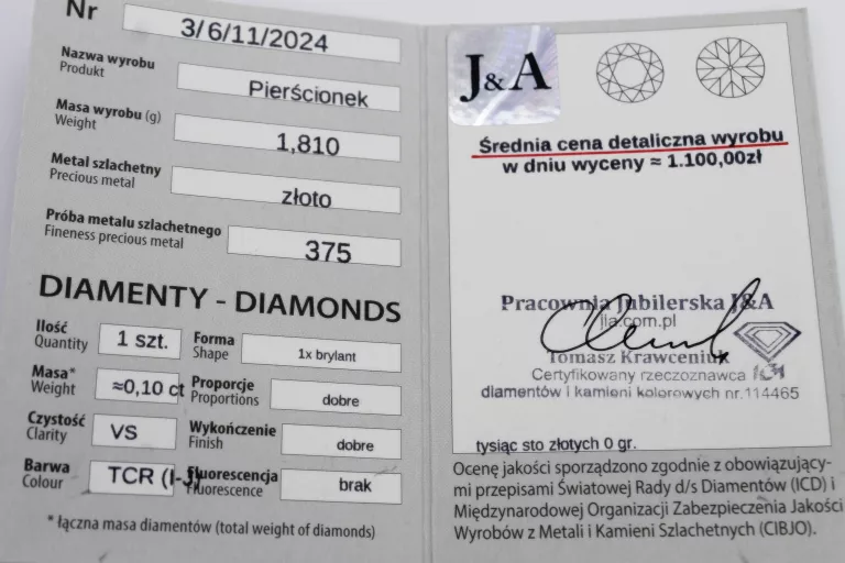 ZŁOTY PIERŚCIONEK Z BRYLANTEM 375/1,81GR/ROZM.12 CERTYFIKAT