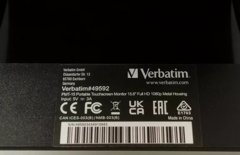 MONITOR VERBATIM PMT-15 15.6" 1920X1080 PX - KOMPLET -