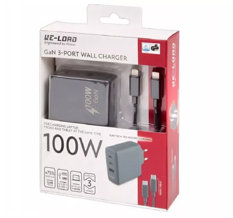 ŁADOWARKA SZYBKA 100W ŚCIENNA RE-LOAD GAN TECH 3 PORT USB-A + 2 X USB-C