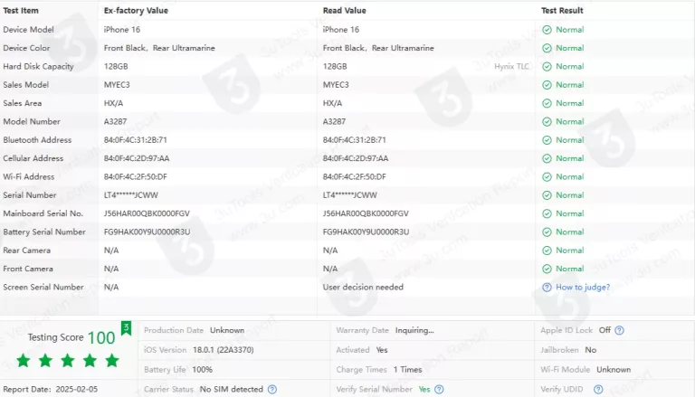 TELEFON APPLE IPHONE 16 8/128GB 6,1" BAT. 100% BLUE - JAK NOWY! NA CZĘŚCI!