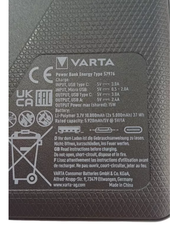 VARTA POWERBANK 10000MAH ENERGY USB-A USB-C