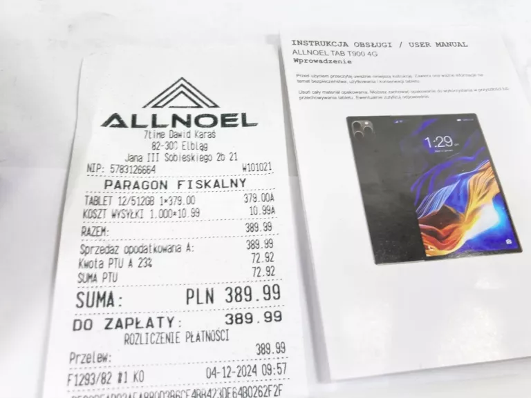 TABLET ALLNOEL T900 4G 10,1" 12 GB / 512 GB CZARNY !!! GWARANCJA !!!