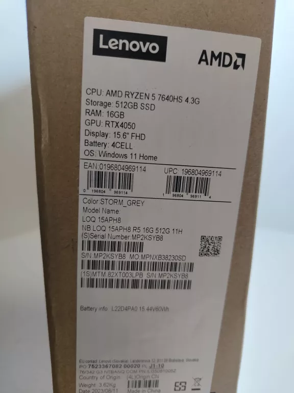 LAPTOP LENOVO LOQ 15 RYZEN 5  16GB 512SSD RTX 4050 W11P