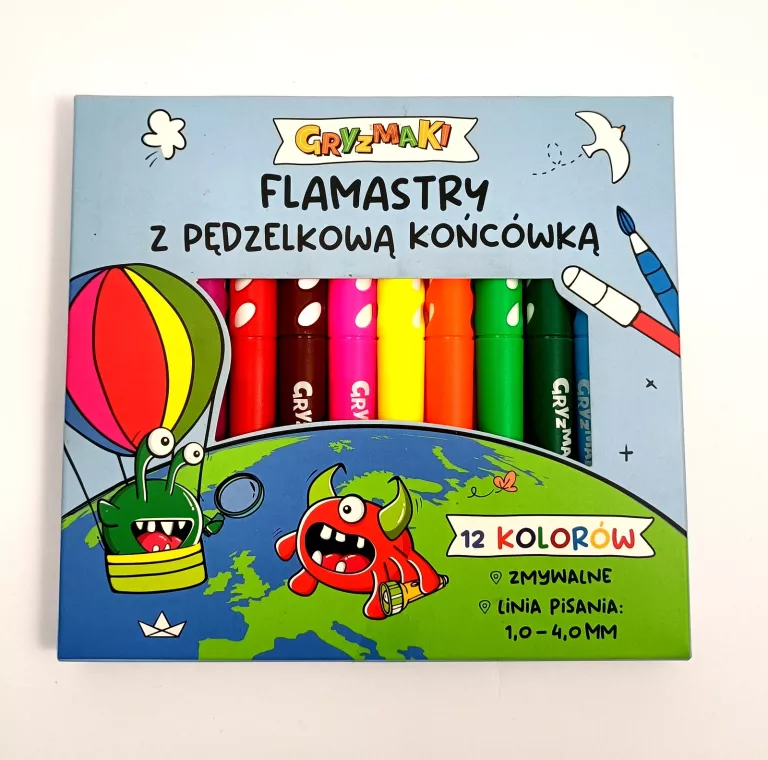 FLAMASTRY Z PĘDZELKOWĄ KOŃCÓWKĄ 12 KOLORÓW GRYZMAKI