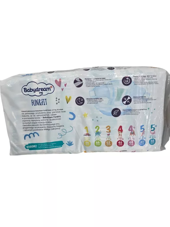 BABYDREAM FUN&FIT PIELUSZKI JEDNORAZOWE MIDI 3, 4-9 KG 52 SZTUKI