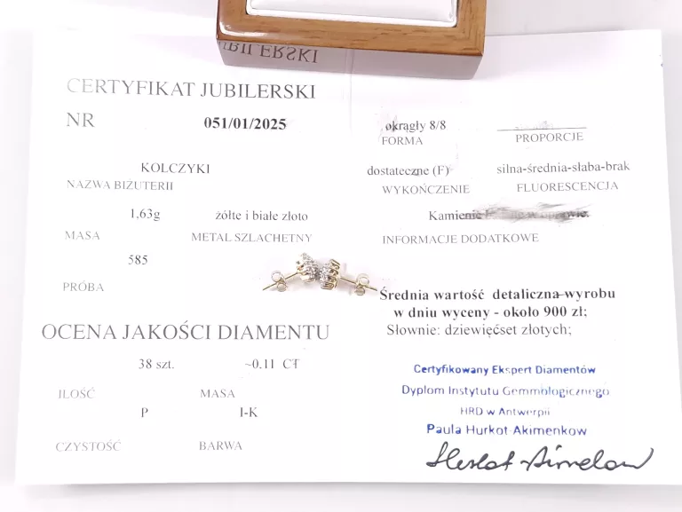 ZŁOTE KOLCZYKI DIAMENTY 0,11CT P585 1,63G SZTYFT