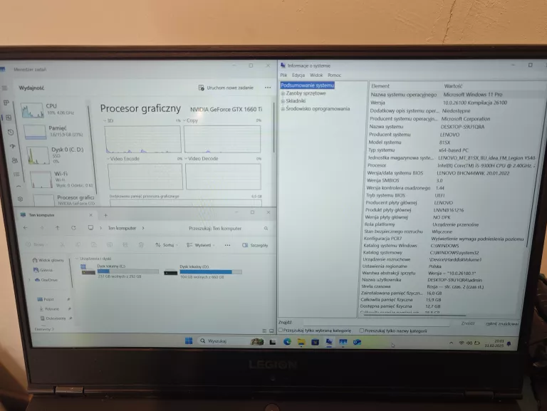 LAPTOP LENOVO LEGION Y540-15IRH 16GB RAM 1TB SSD I5 9 GEN GTX1660TI + ŁAD