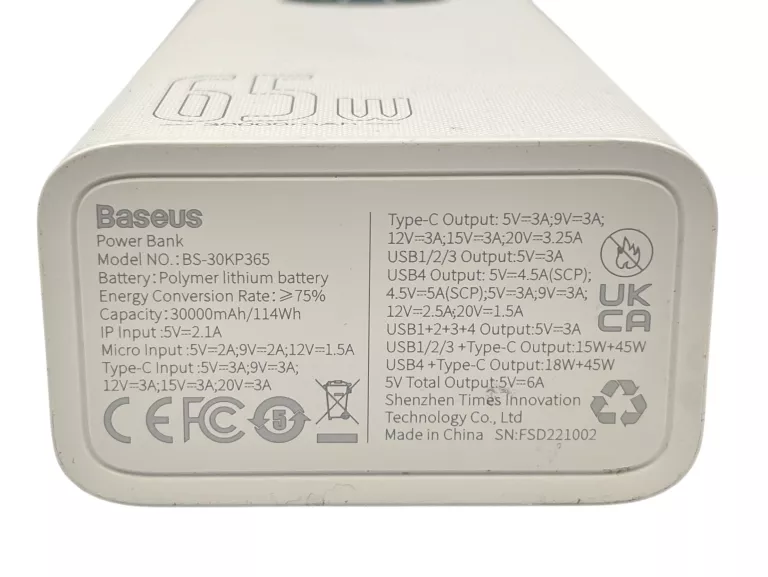 POWERBANK BASEUS PPLG-A01 AMBLIGHT 30000MAH PD QC 3.0 65W BIAŁY