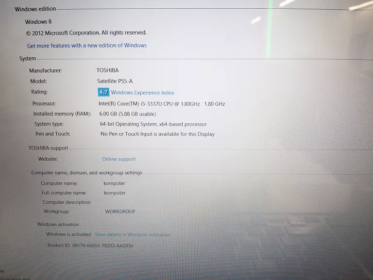 LAPTOP TOSHIBA SATELLITE P55-A 6 GB/700 GB/ INTEL I5 /WIN 8