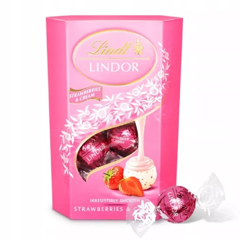 LINDT LINDOR STRAWBERRIES&CREAM PRALINY Z BIAŁEJ CZEKOLADY TRUSKAWKA 200G