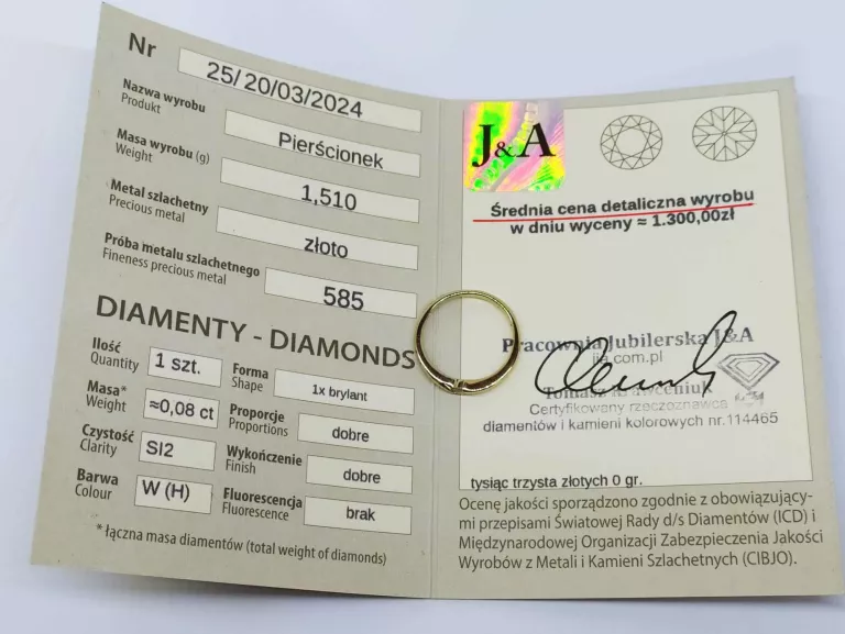 ZŁOTY PIRŚCIONEK Z BRYLANTEM 1,52G 585