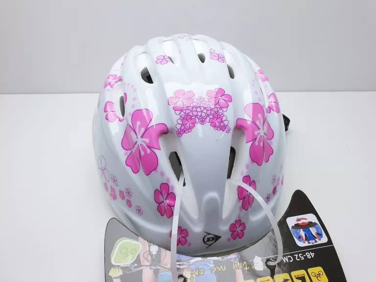 KASK DZIECIĘCY ROWEROWY DUNLOP BIAŁY W RÓŻOWE KWIATKI 48-52CM