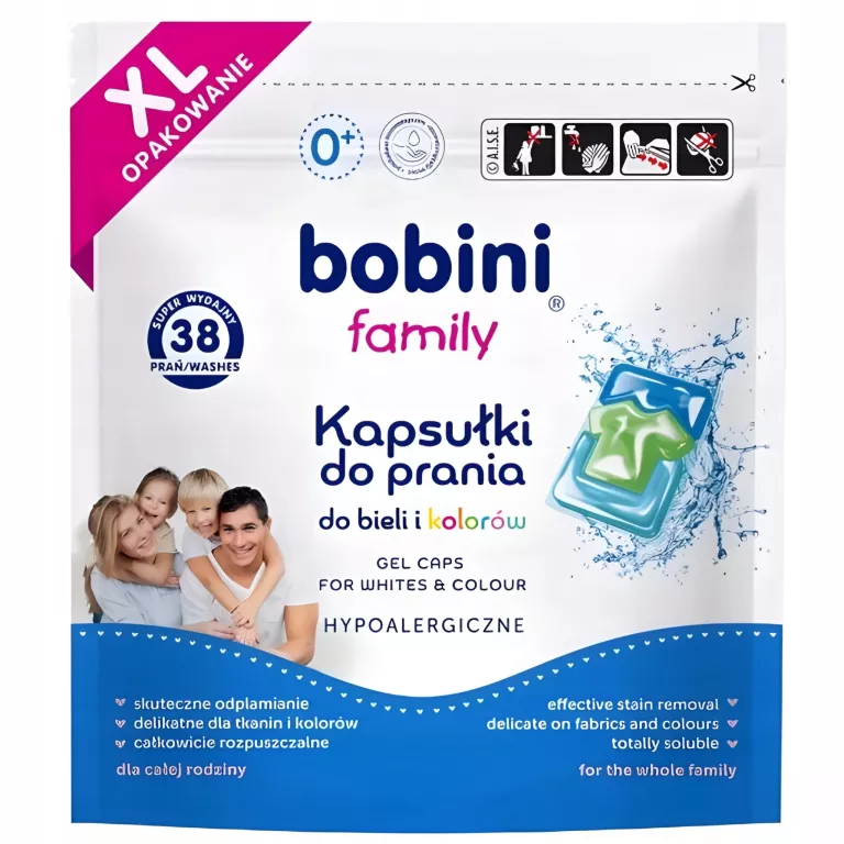 KAPSUŁKI DO PRANIA BOBINI FAMILY HYPOALERGICZNE DO BIELI I KOLORÓW 38 SZT.