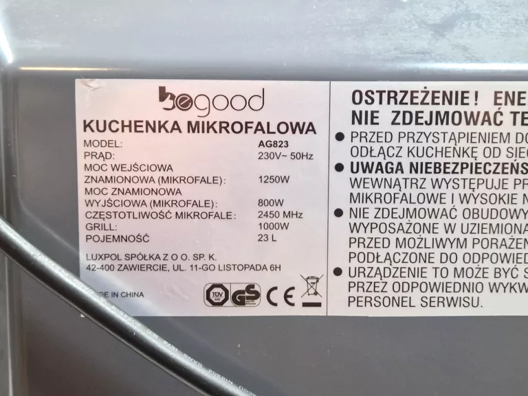 KUCHENKA MIKROFALOWA BEGOOD AG823 800W GRILL