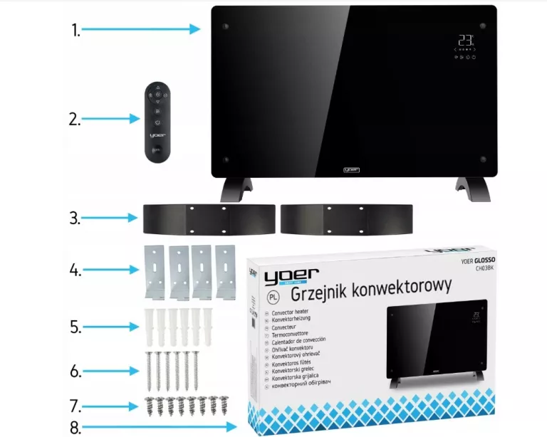 GRZEJNIK ELEKTRYCZNY KONWEKTOROWY SZKLANY YOER 2500 W +ECO +WIFI LED +TIME