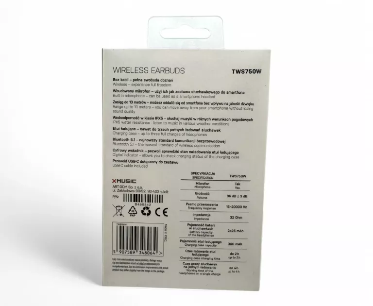 SŁUCHAWKI BLUETOOTH DOUSZNE XMUSIC TWS750W BIAŁE JAK NOWE!!