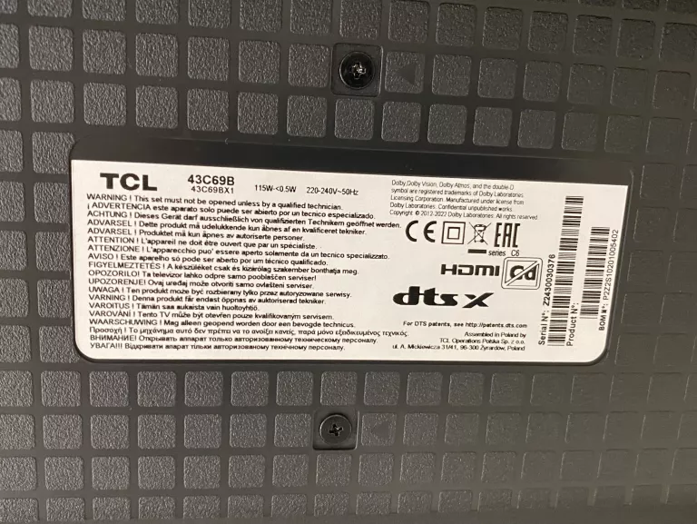 TELEWIZOR TCL 43C69B 43" QLED 4K DVB-T2/HEVC / H.265, DVB-C, DVB-S2