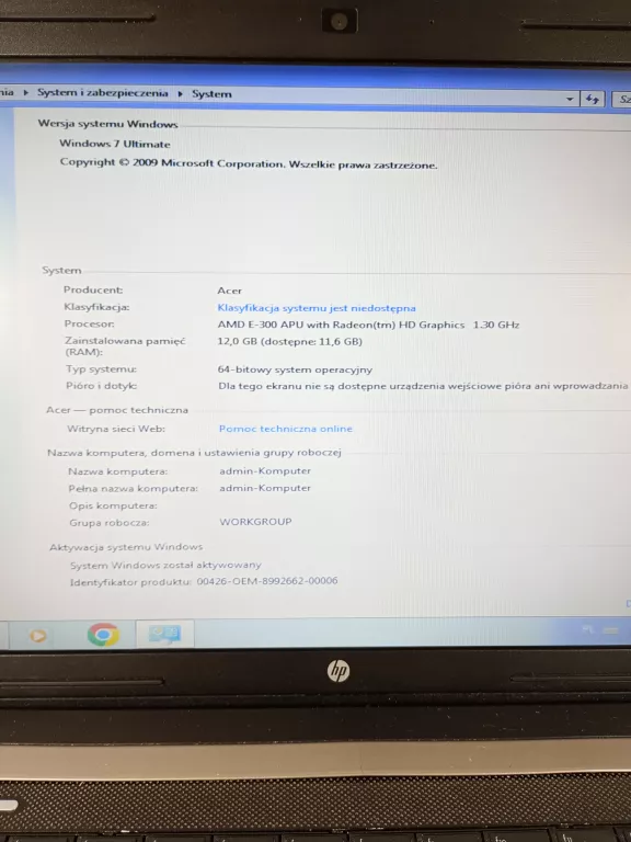 LAPTOP HP635 AMD E-300 12RAM 250GB W7U TYLKO NA ZASILACZU