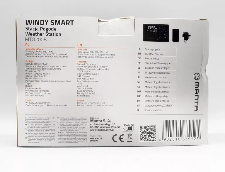 STACJA POGODY Z ZEWNĘTRZNYM CZUJNIKIEM MANTA MTO200B WINDY SMART