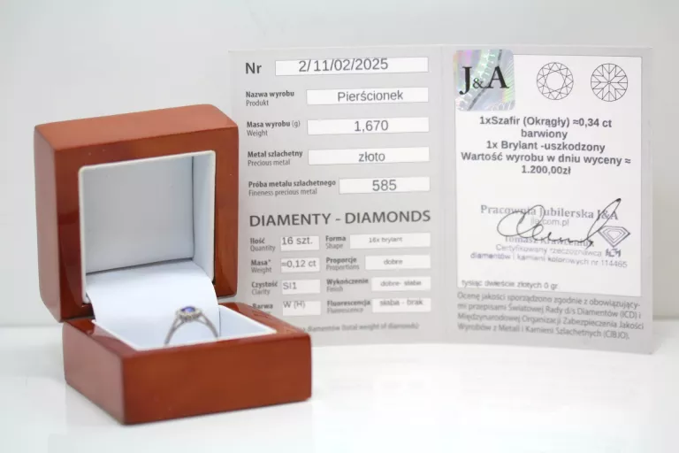 ZŁOTY PIERŚCIONEK BRYLANTY SZAFIR 0,34CT P585 R11 1,67G