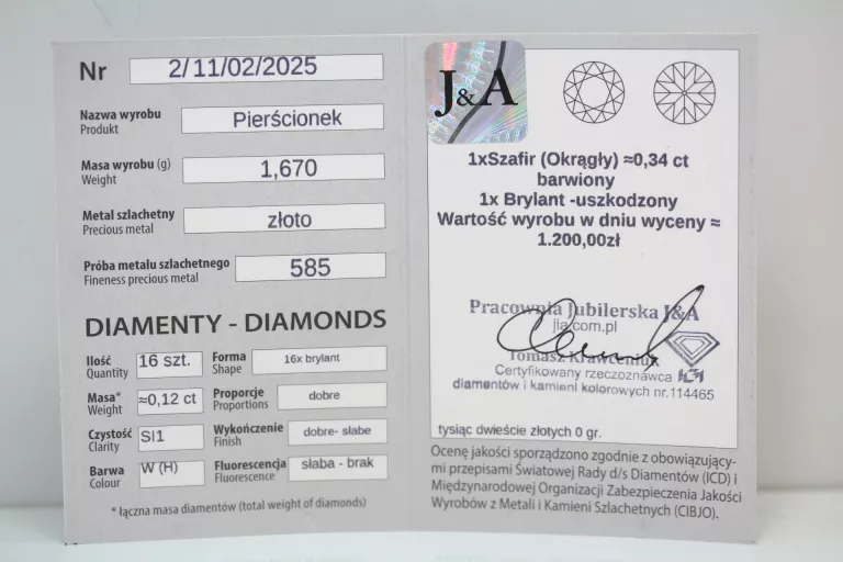 ZŁOTY PIERŚCIONEK BRYLANTY SZAFIR 0,34CT P585 R11 1,67G